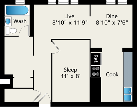 Floor plan for studio, 1 bath, 629 sqft